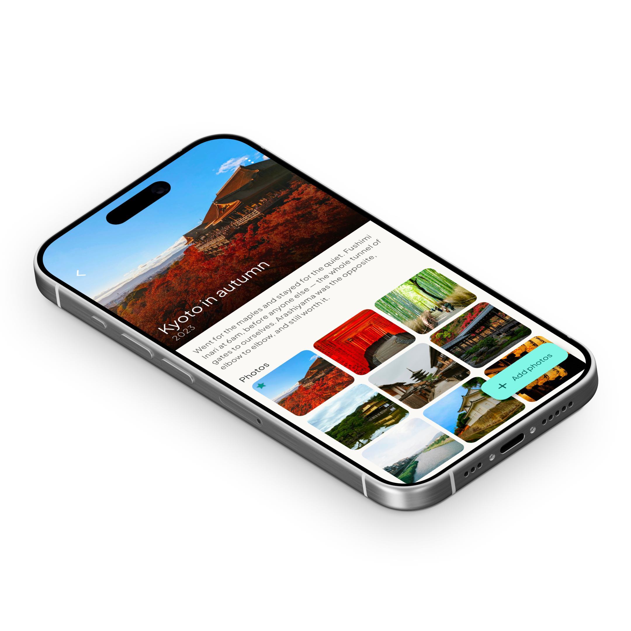A trip's cover photo, story and photo grid on the phone