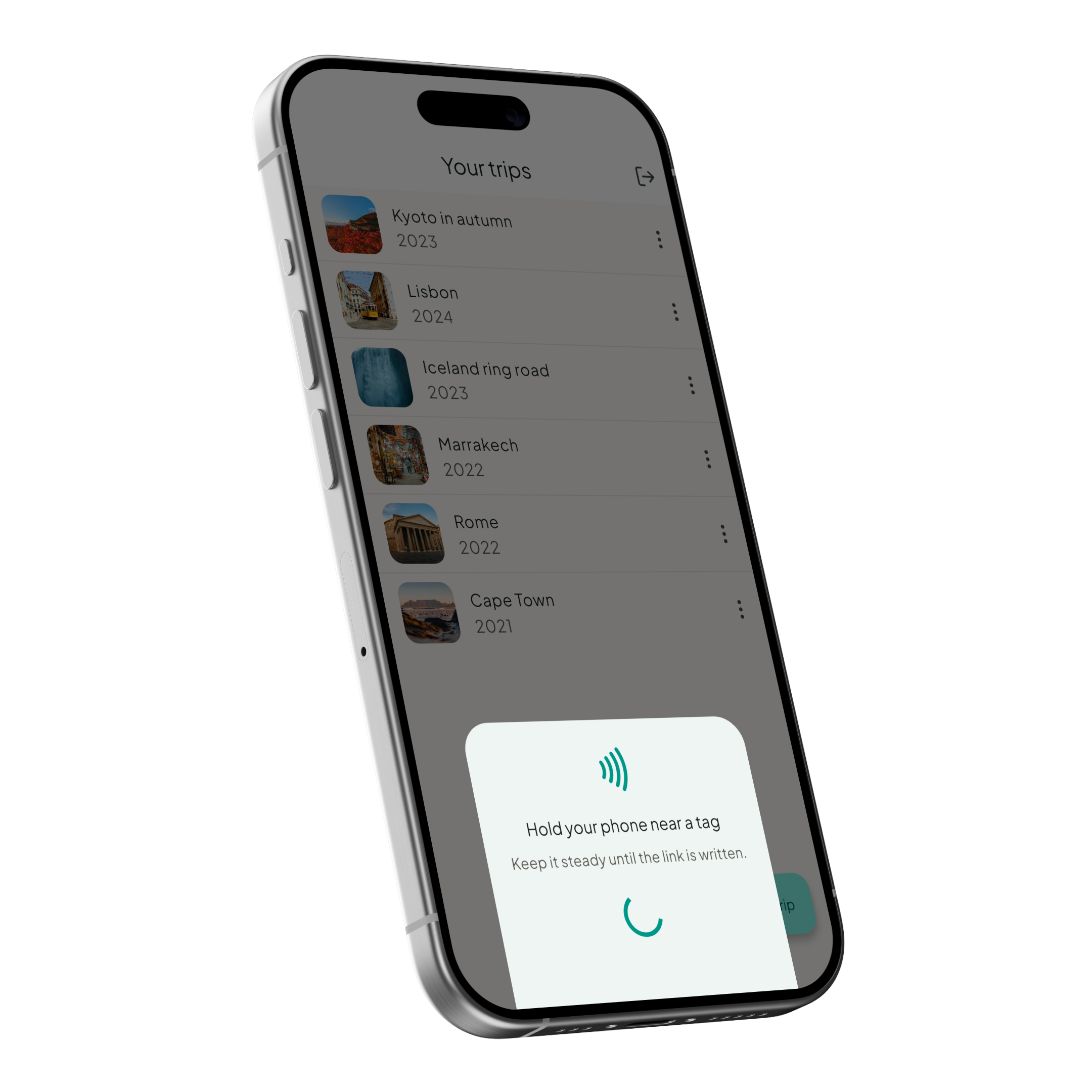 Phone held near an NFC tag while the trip link is written