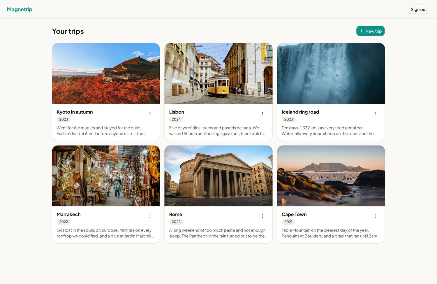 Dashboard listing all trips