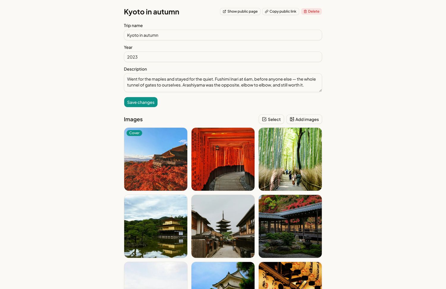 Trip editor with description and photo grid